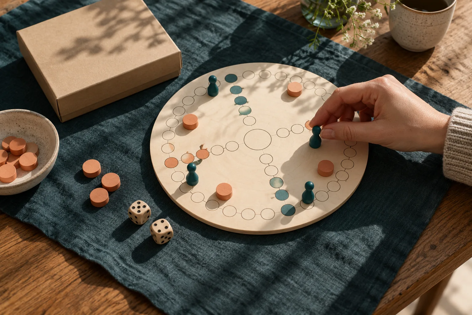 Un piccolo gioco con pedine su un tessuto color verde petrolio