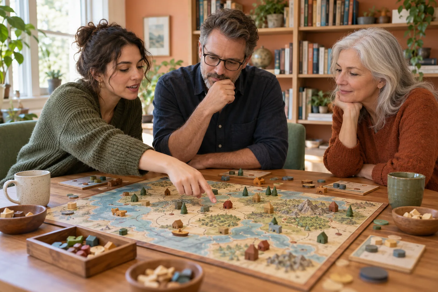 Tre persone valutano una mappa in un gioco cooperativo