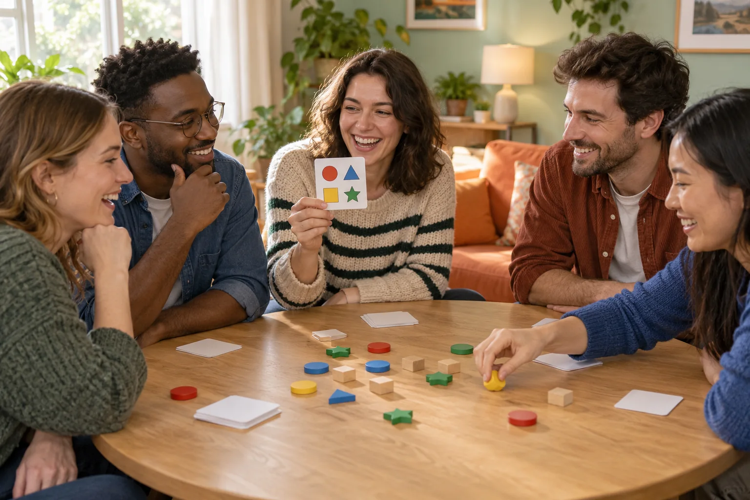 Cinque amici partecipano a un gioco leggero con carte e segnalini
